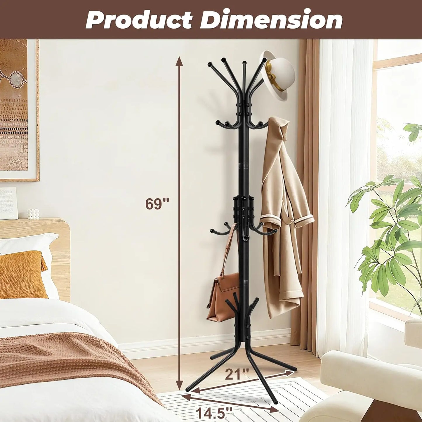 Coat Rack with 15 Hooks, Sturdy Metal