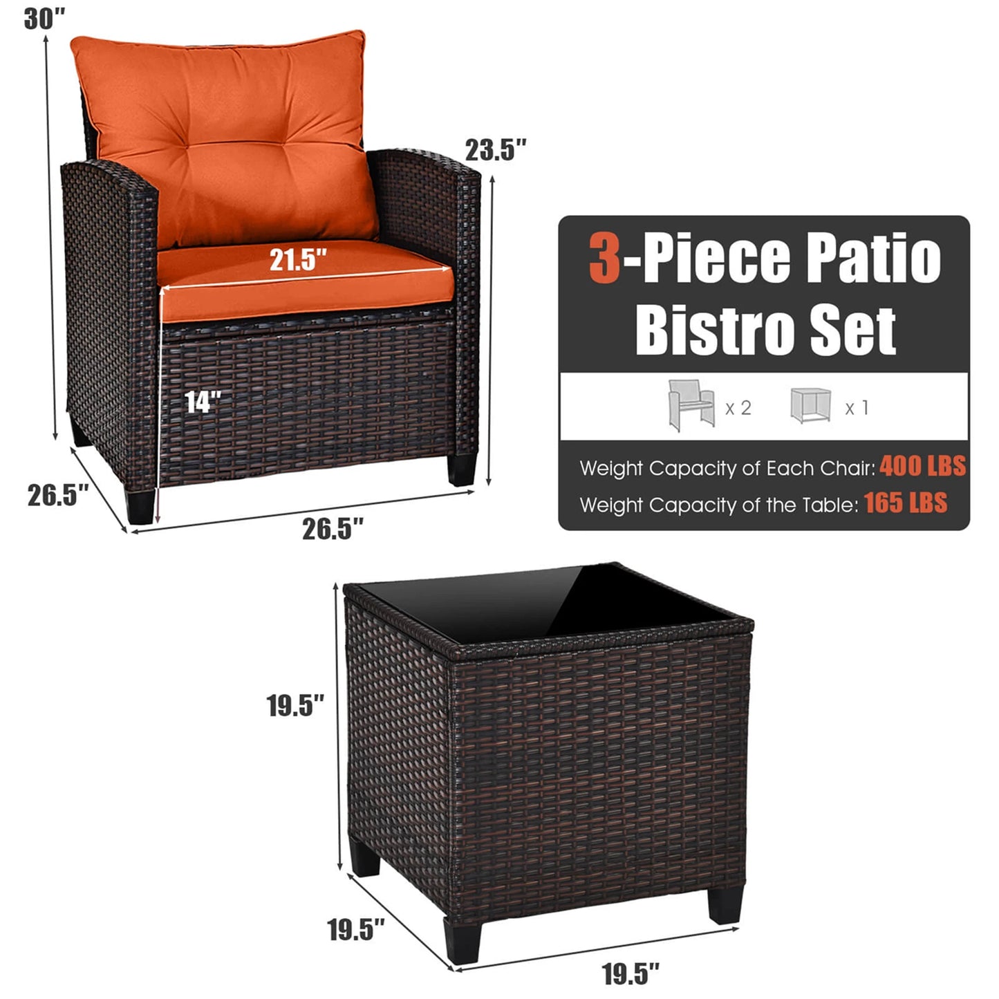 3 PCS Patio Furniture Set Cushioned Orange
