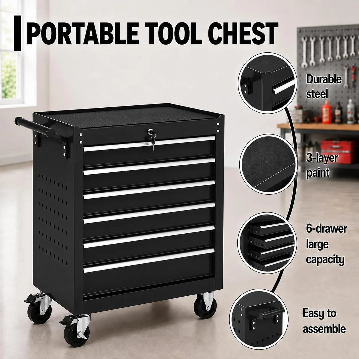 6 Drawer Rolling Tool Chest with Locking Wheels