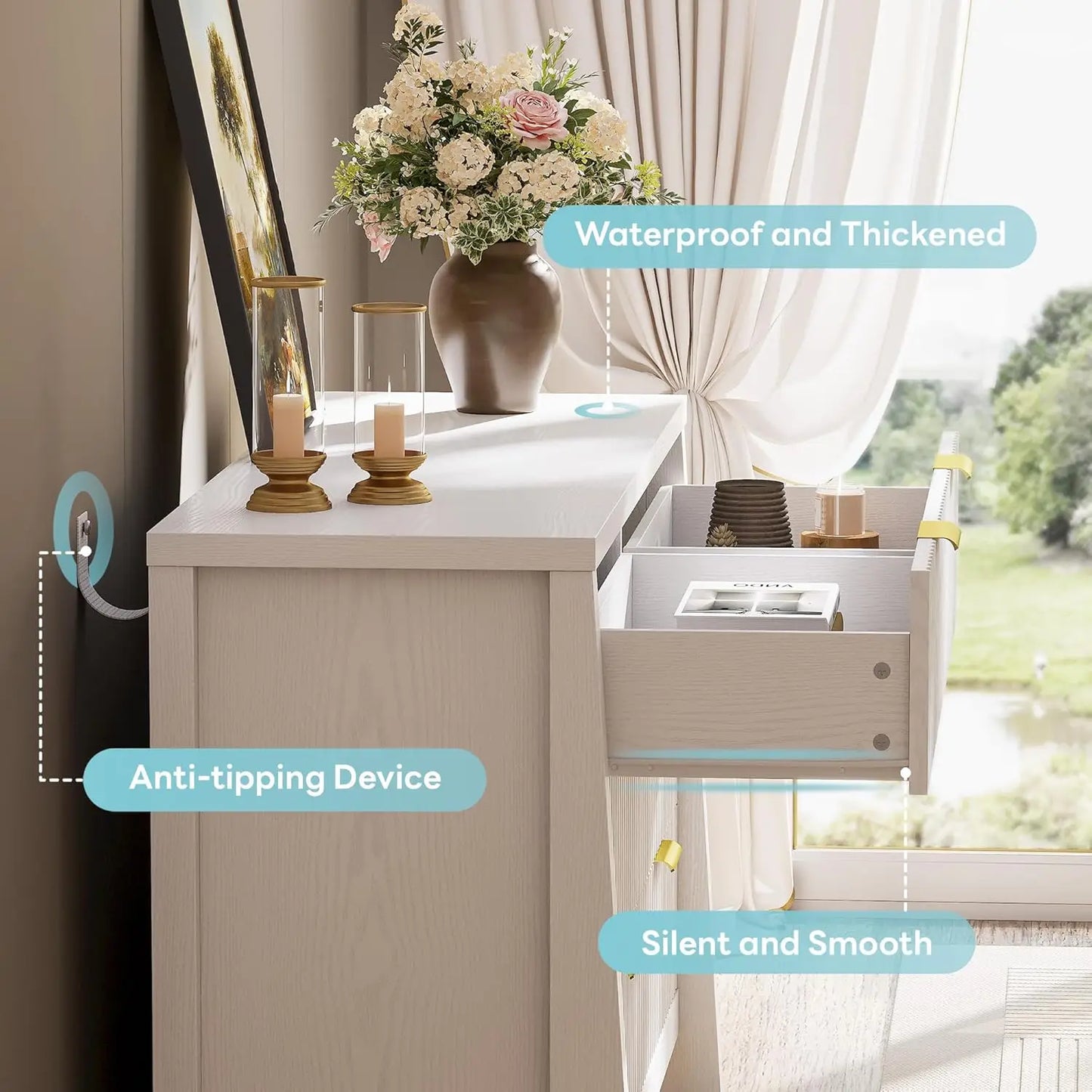 Wide 6 Drawer Fluted Dresser