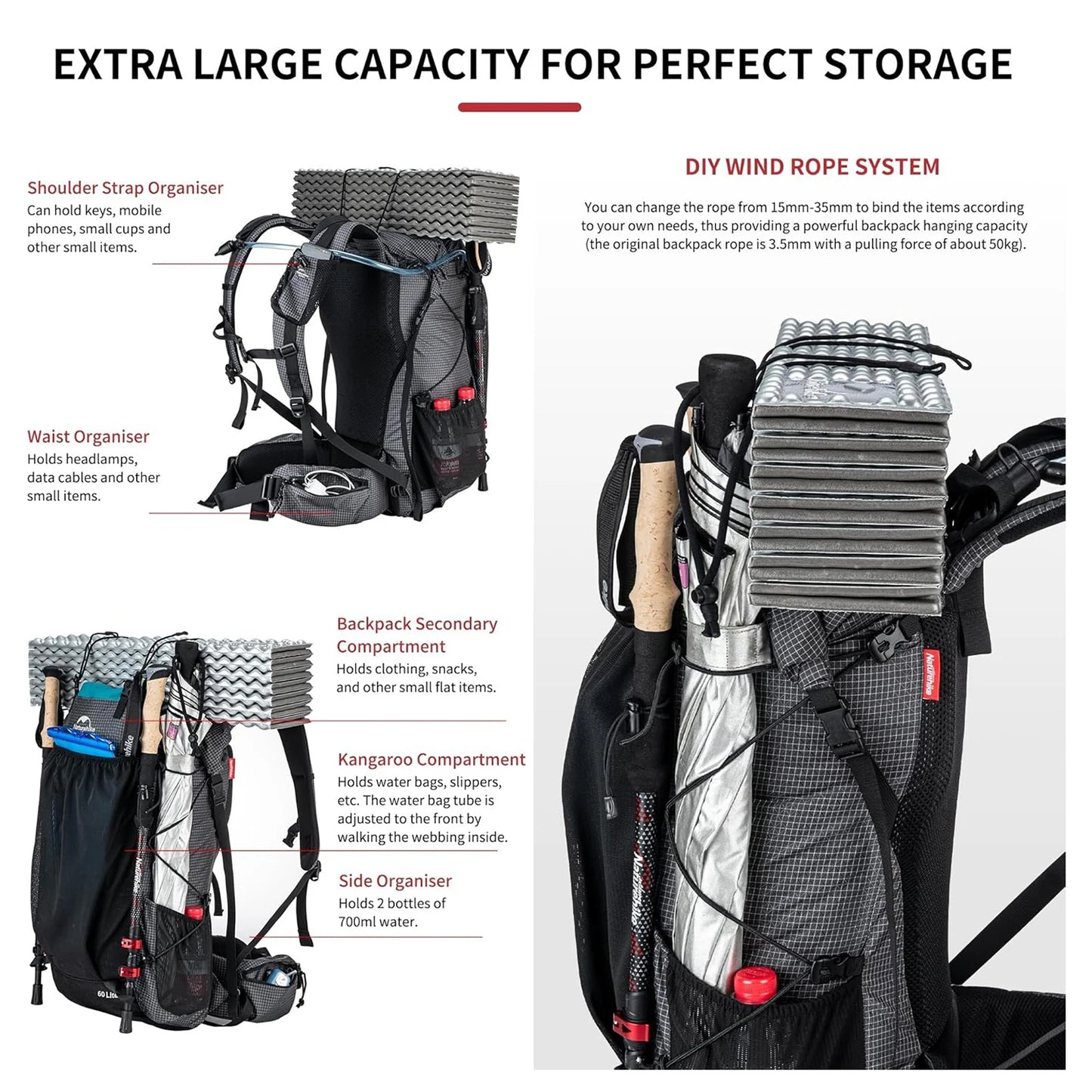 Outdoor Backpack 60+5L Waterproof High Capacity Sports