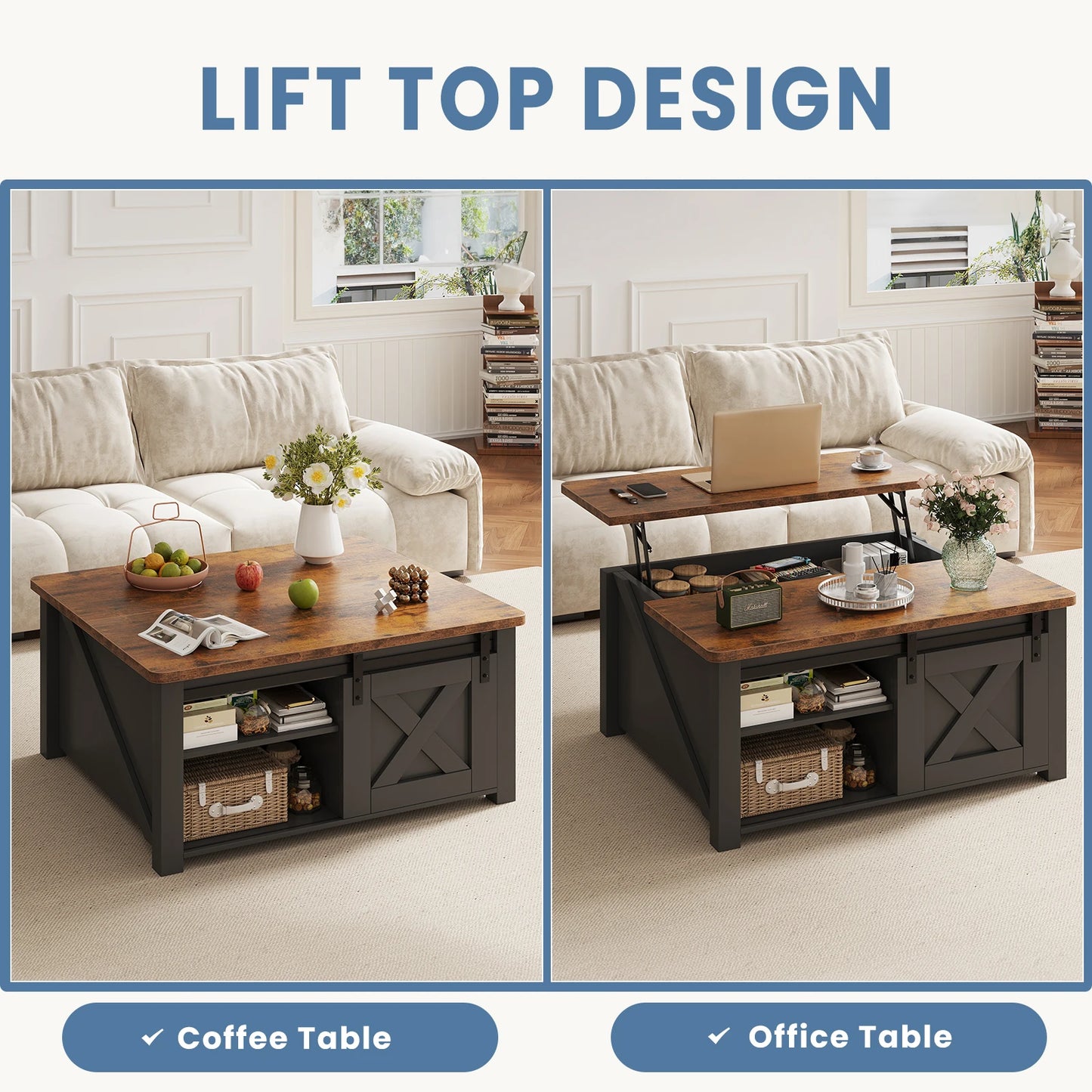 31.5In Wood Lift-Top Coffee Tables with Storage
