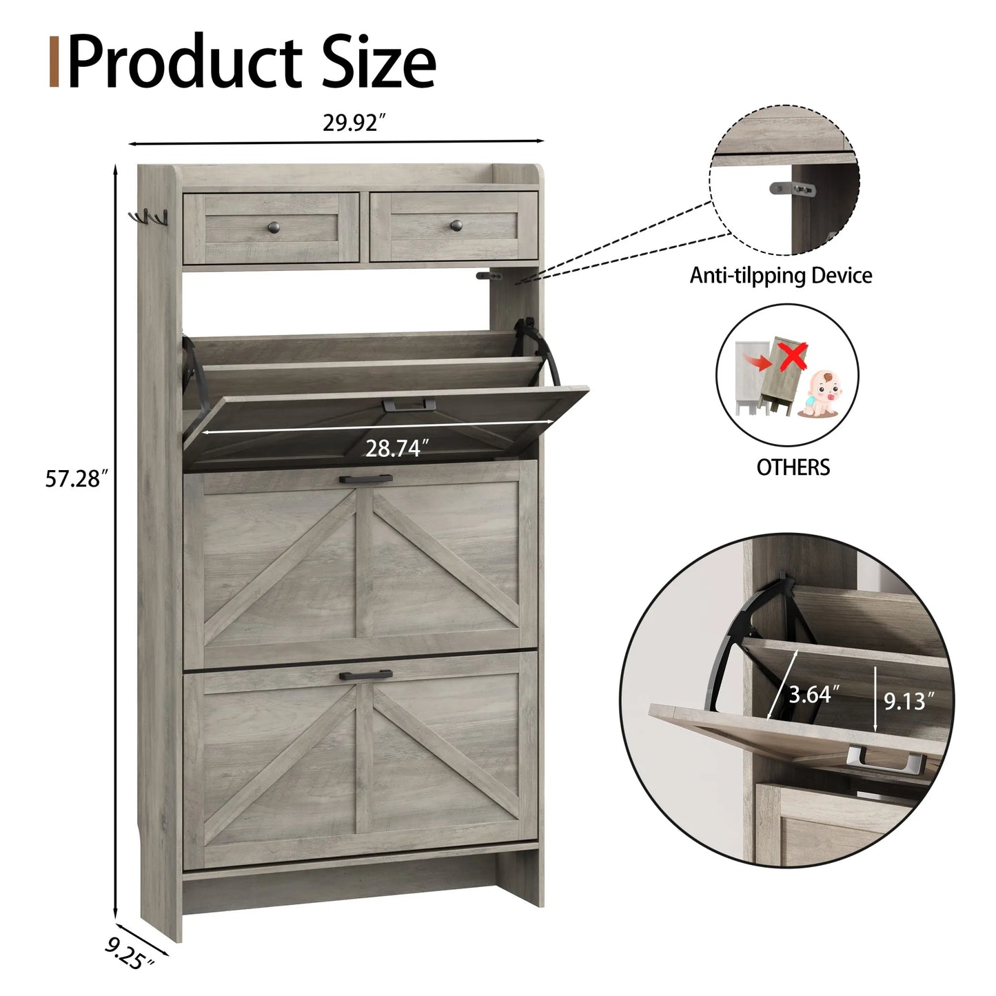 Shoe Cabinet with 3 Flip and 2 Drawers