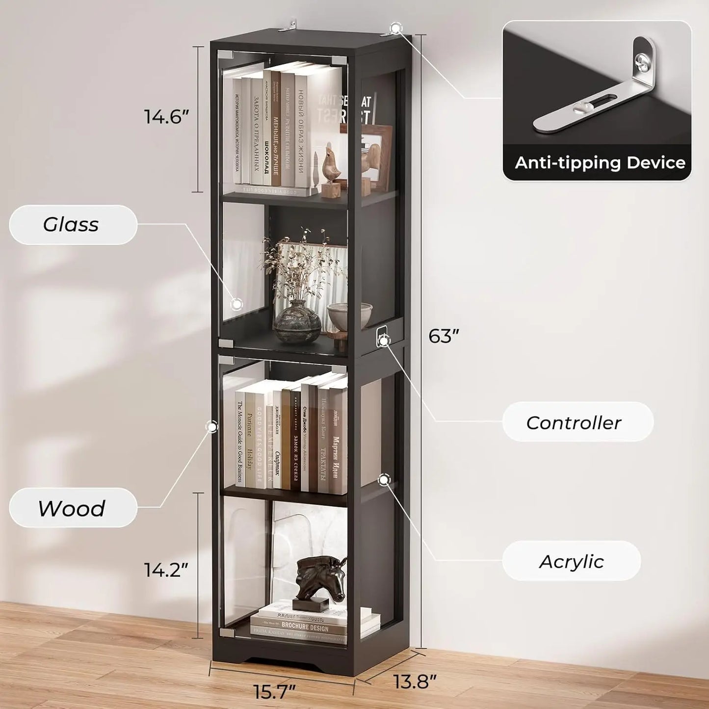 4-Tier Glass Display Cabinet with LED Lights
