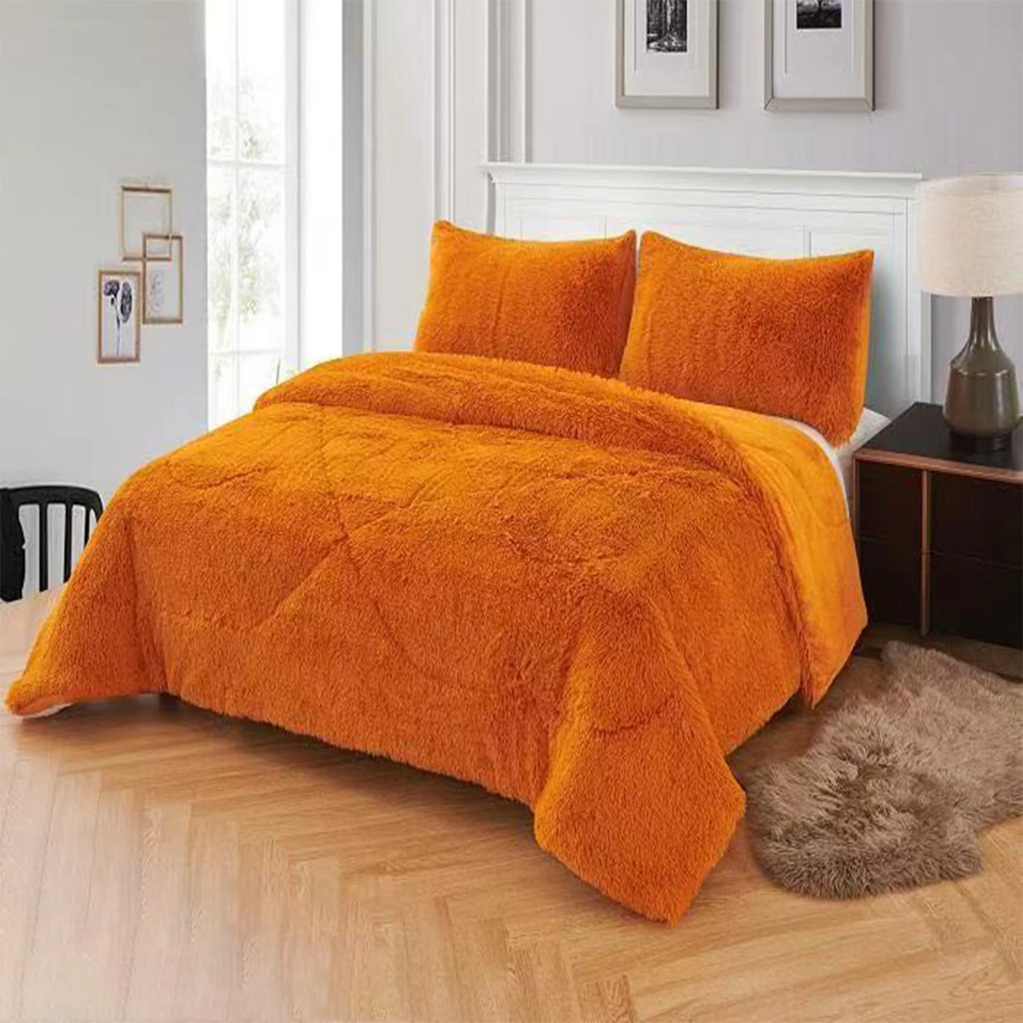 3pc Solid Color Shaggy Comforter Set Luxury PV Faux Fur & Soft Velvet Back Ultra Plush Warm Winter Quilt Thick Minky Fleece Cozy