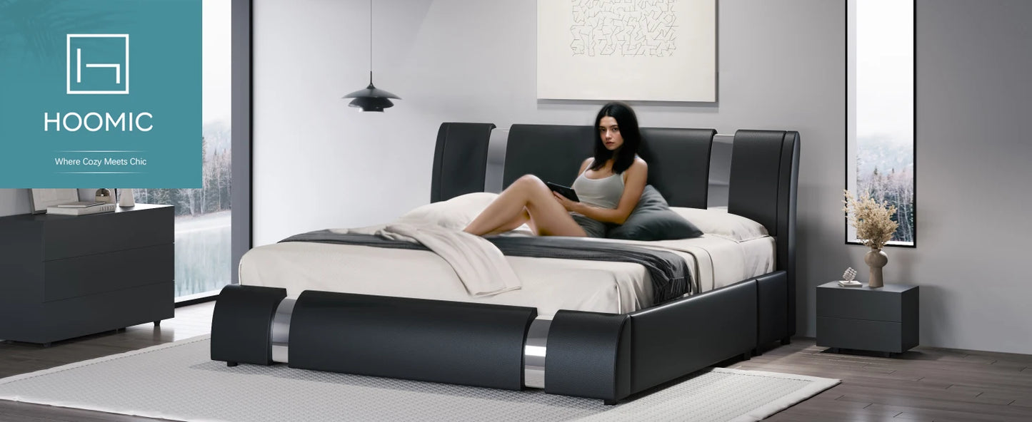 Faux Leather Bed Frame with Iron Pieces Decor