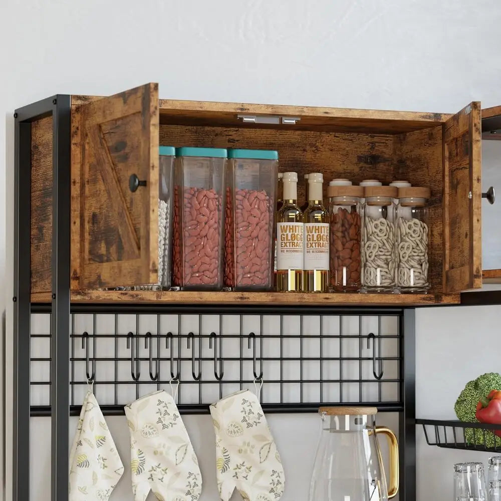 Bakers Rack with 2 Storage Cabinets and Outlet