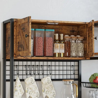 Bakers Rack with 2 Storage Cabinets and Outlet