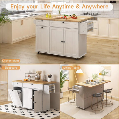 60" Mobile Kitchen Island Rolling Trolley. Kitchen Island Table Drop Leaf Home Carts with Power Outlet Spice Towel Rack Trash