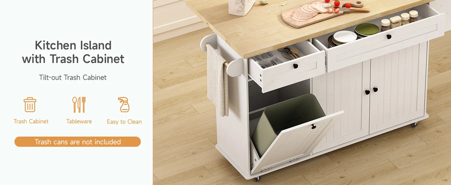 60" Mobile Kitchen Island Rolling Trolley. Kitchen Island Table Drop Leaf Home Carts with Power Outlet Spice Towel Rack Trash