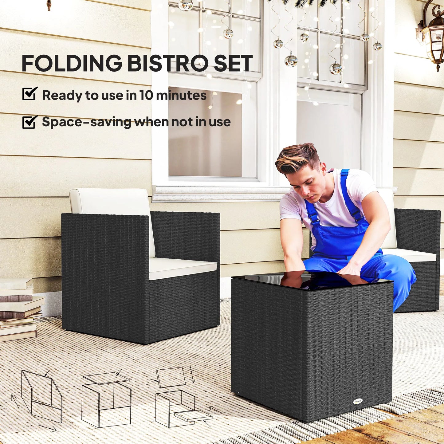 3 Piece Folding Bistro Set, Black