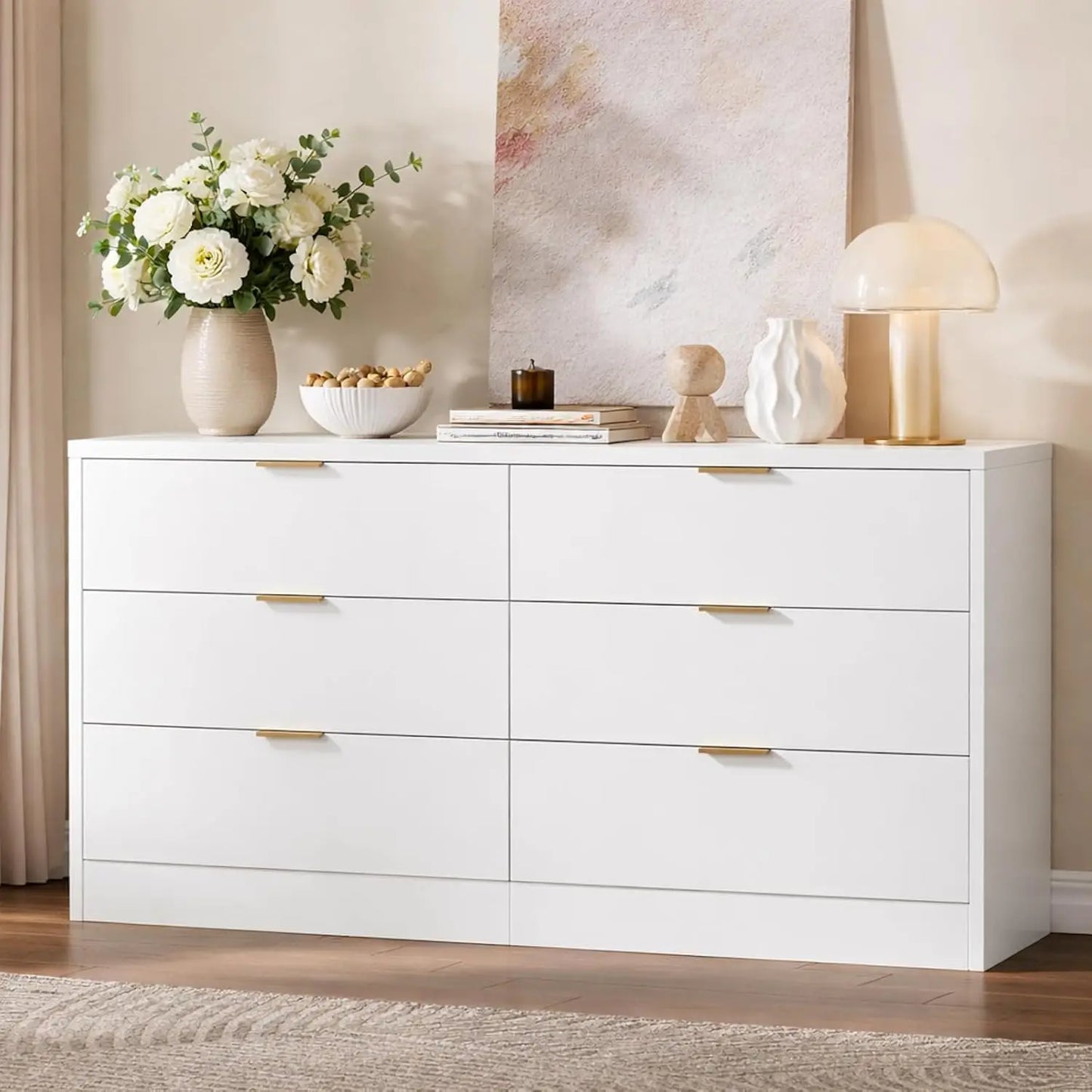 Wide 6 Drawer Dresser with Gold Handles