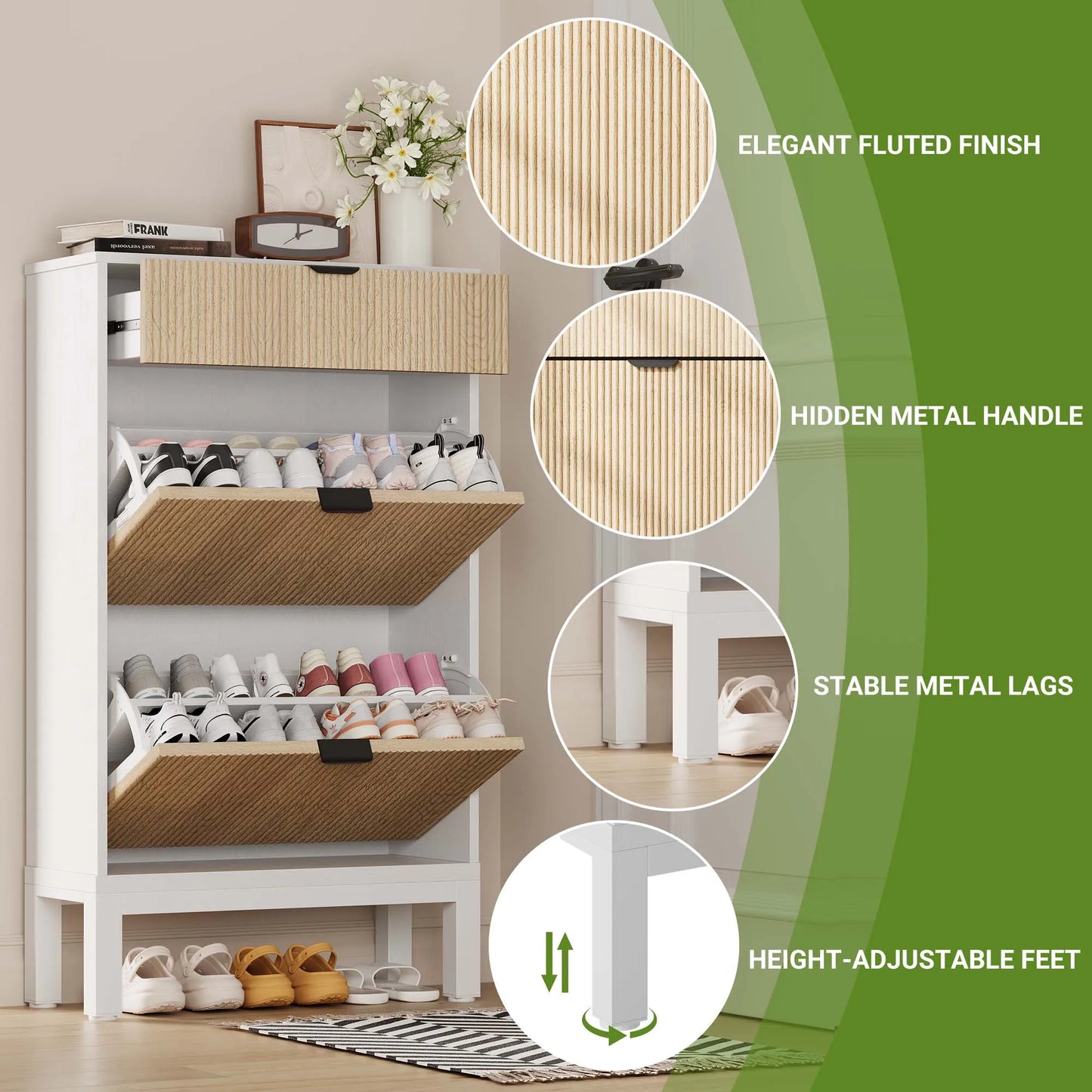 Modern Fluted Shoe Cabinet for Entryway