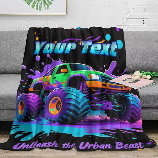Personalized Name Cartoon Monster Truck Flannel Blanket