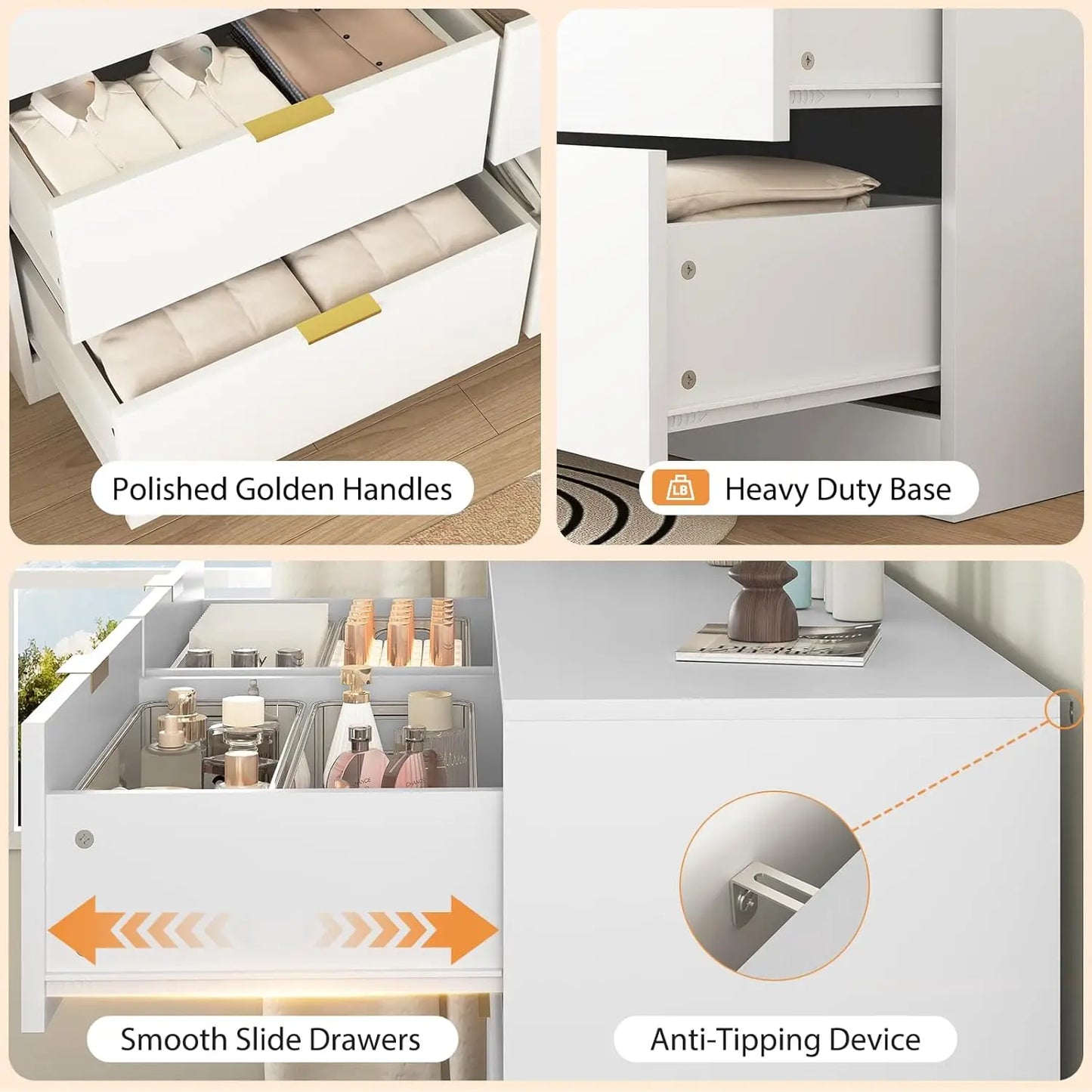 Wide 6 Drawer Dresser with Gold Handles