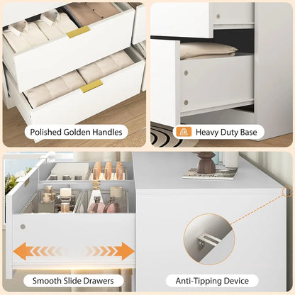Wide 6 Drawer Dresser with Gold Handles