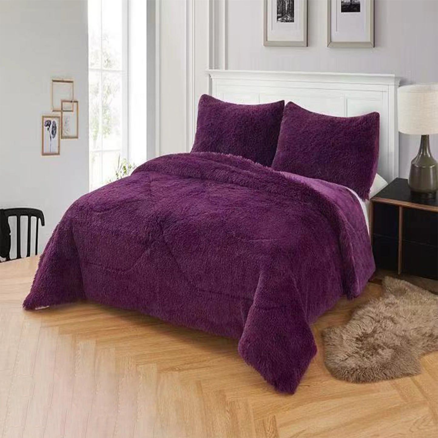 3pc Solid Color Shaggy Comforter Set Luxury PV Faux Fur & Soft Velvet Back Ultra Plush Warm Winter Quilt Thick Minky Fleece Cozy