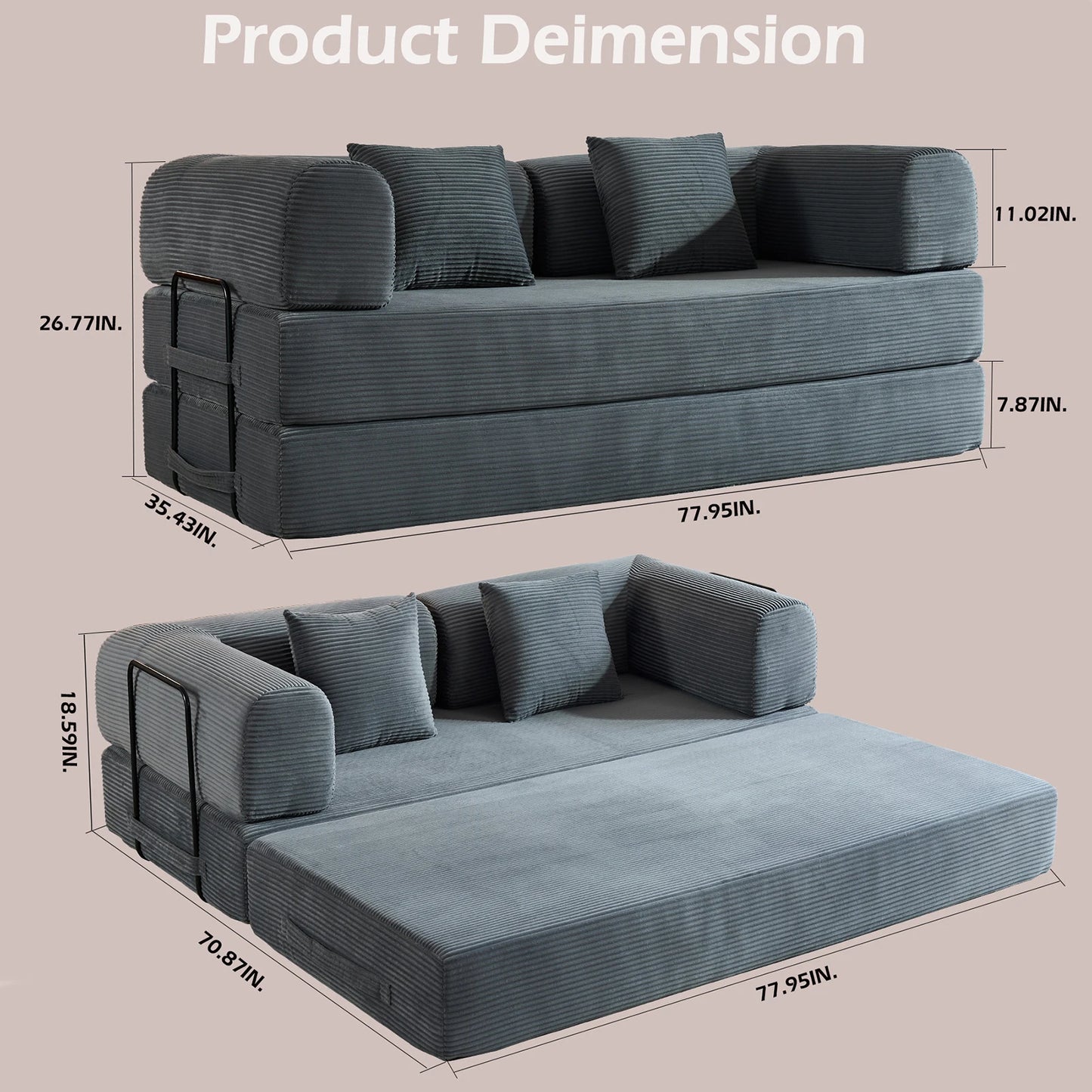 79" Folding Corduroy Futon Sofa Bed