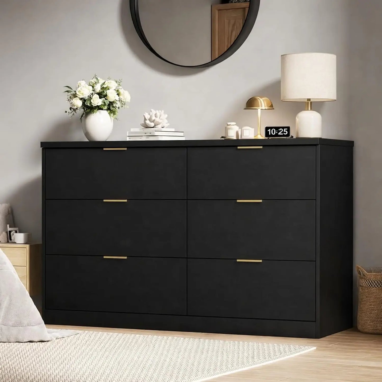 Wide 6 Drawer Dresser with Gold Handles