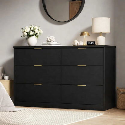 Wide 6 Drawer Dresser with Gold Handles