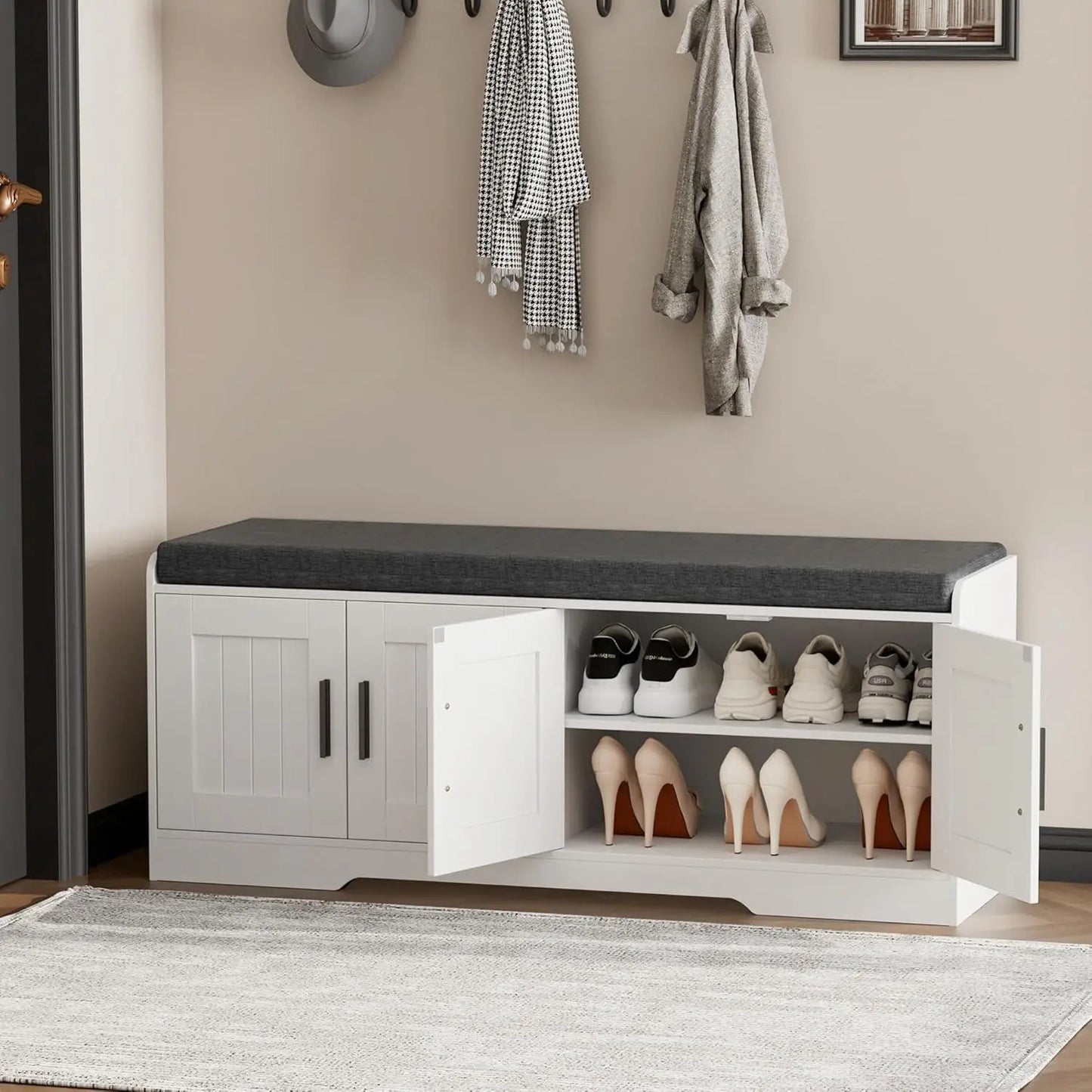 2-Tier Shoe Bench-Padded Seat, with Adjustable Shelf