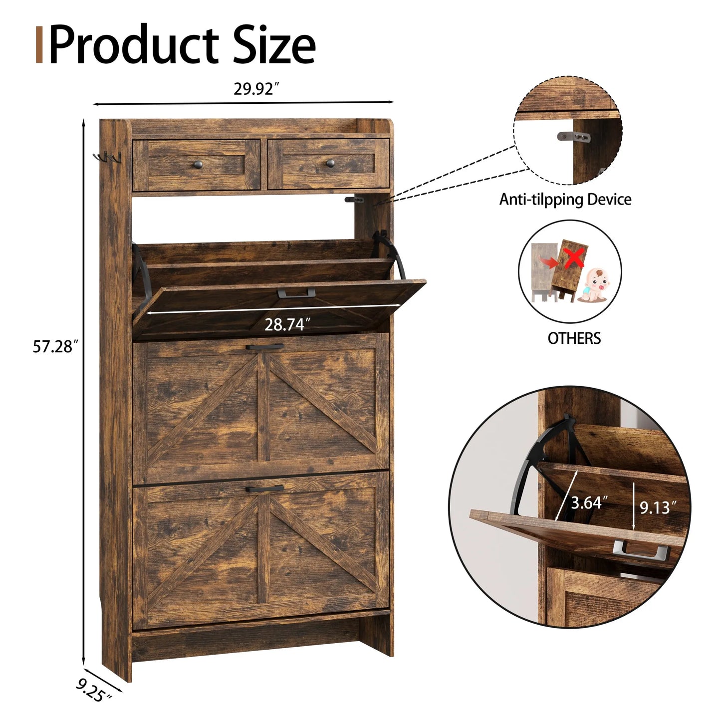 Shoe Cabinet with 3 Flip and 2 Drawers