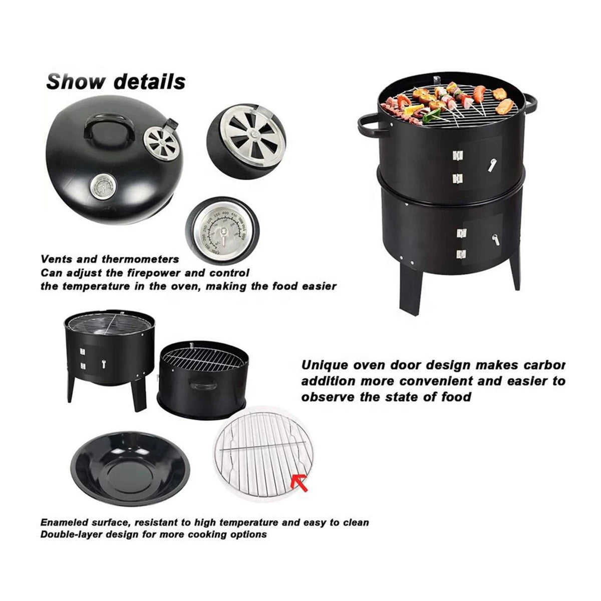 3-Tier Charcoal Smoker Grill
