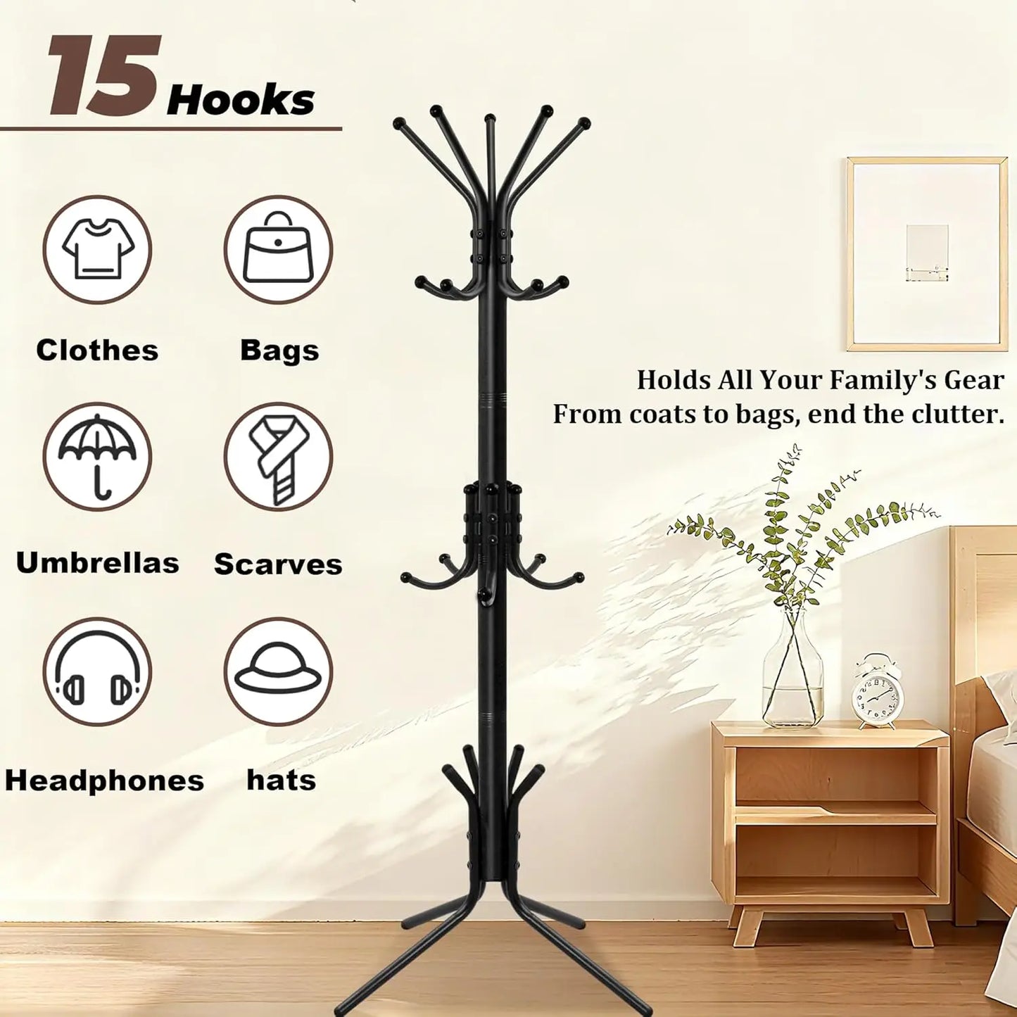 Coat Rack with 15 Hooks, Sturdy Metal