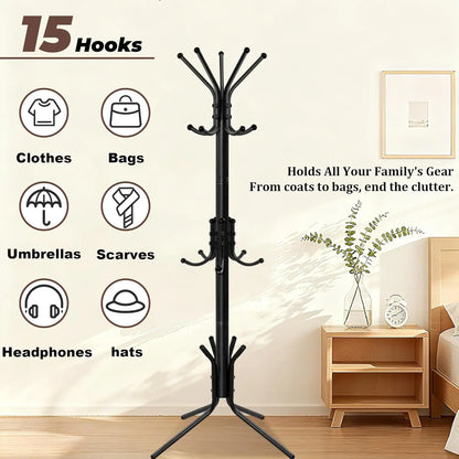 Coat Rack with 15 Hooks, Sturdy Metal