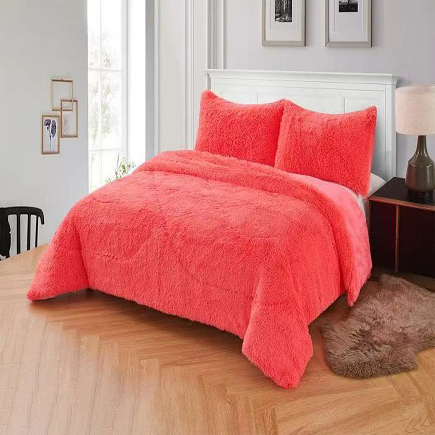 3pc Solid Color Shaggy Comforter Set Luxury PV Faux Fur & Soft Velvet Back Ultra Plush Warm Winter Quilt Thick Minky Fleece Cozy