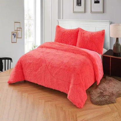3pc Solid Color Shaggy Comforter Set Luxury PV Faux Fur & Soft Velvet Back Ultra Plush Warm Winter Quilt Thick Minky Fleece Cozy