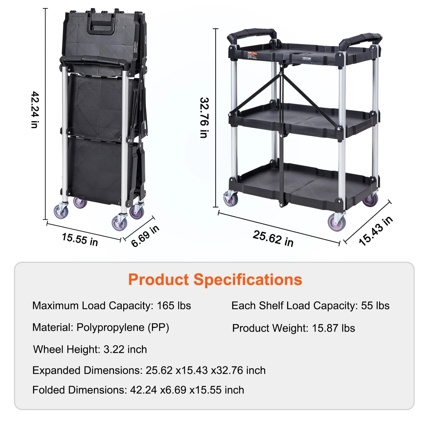 3-Tier Folding Rolling Utility Storage Cart