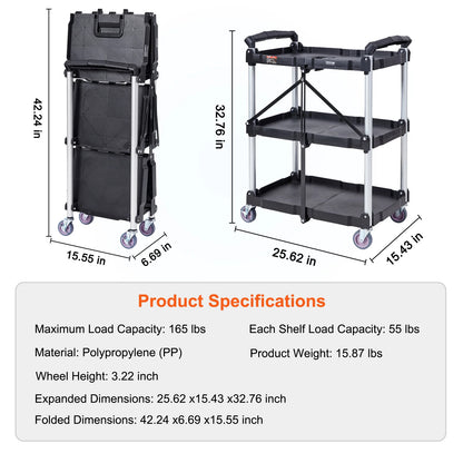 3-Tier Folding Rolling Utility Storage Cart