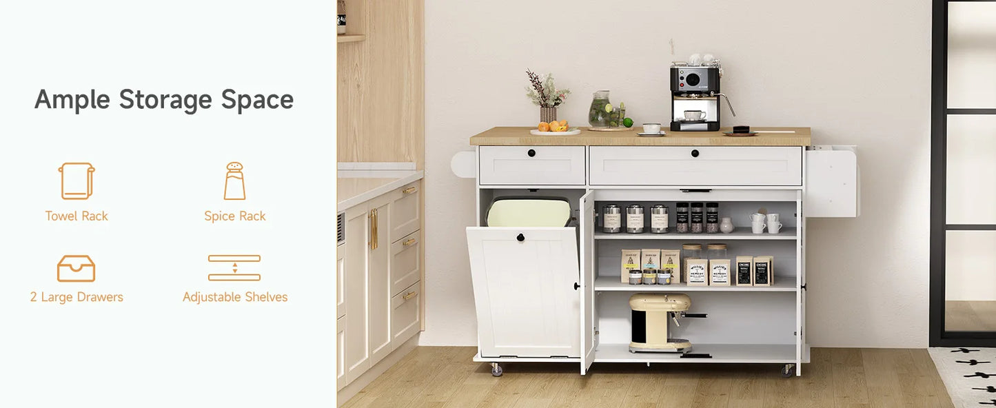 60" Mobile Kitchen Island Rolling Trolley. Kitchen Island Table Drop Leaf Home Carts with Power Outlet Spice Towel Rack Trash