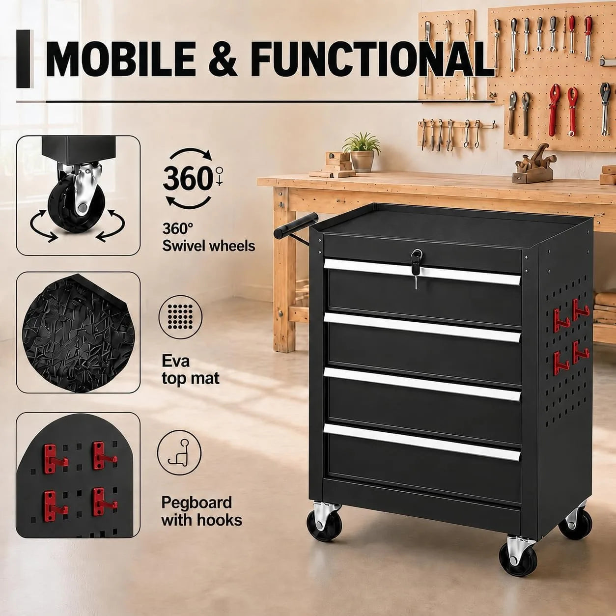 Locking 4 Drawer Rolling Tool Chest