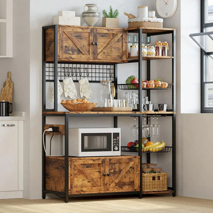 Bakers Rack with 2 Storage Cabinets and Outlet