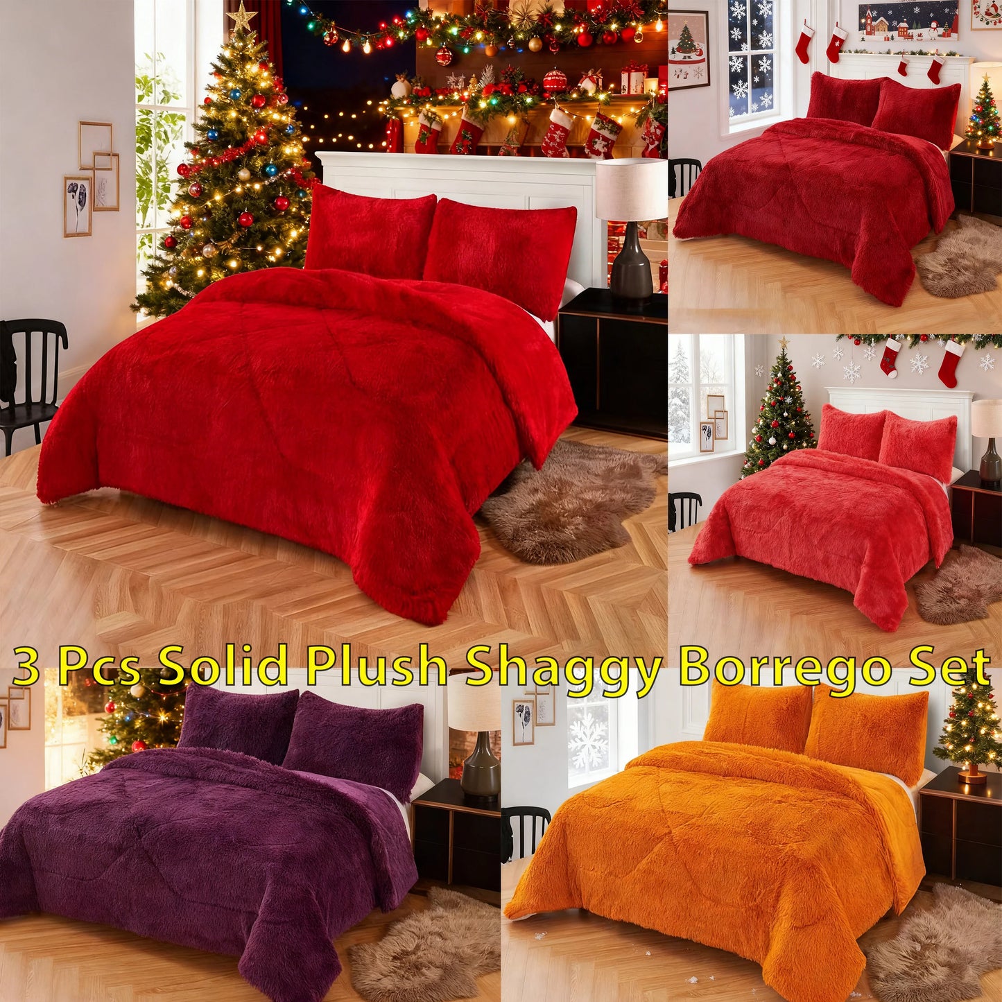 3pc Solid Color Shaggy Comforter Set Luxury PV Faux Fur & Soft Velvet Back Ultra Plush Warm Winter Quilt Thick Minky Fleece Cozy