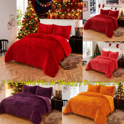 3pc Solid Color Shaggy Comforter Set Luxury PV Faux Fur & Soft Velvet Back Ultra Plush Warm Winter Quilt Thick Minky Fleece Cozy